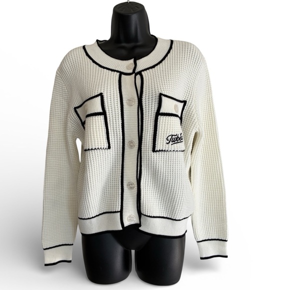Teenie Winner Sweaters - Teenie Winner White Knit Cardigan with Black Trim - Size S